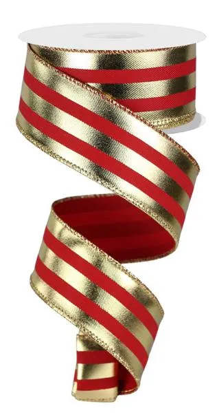 1.5" Vertical Metallic Stripe Ribbon: Red/Gold - 10yds