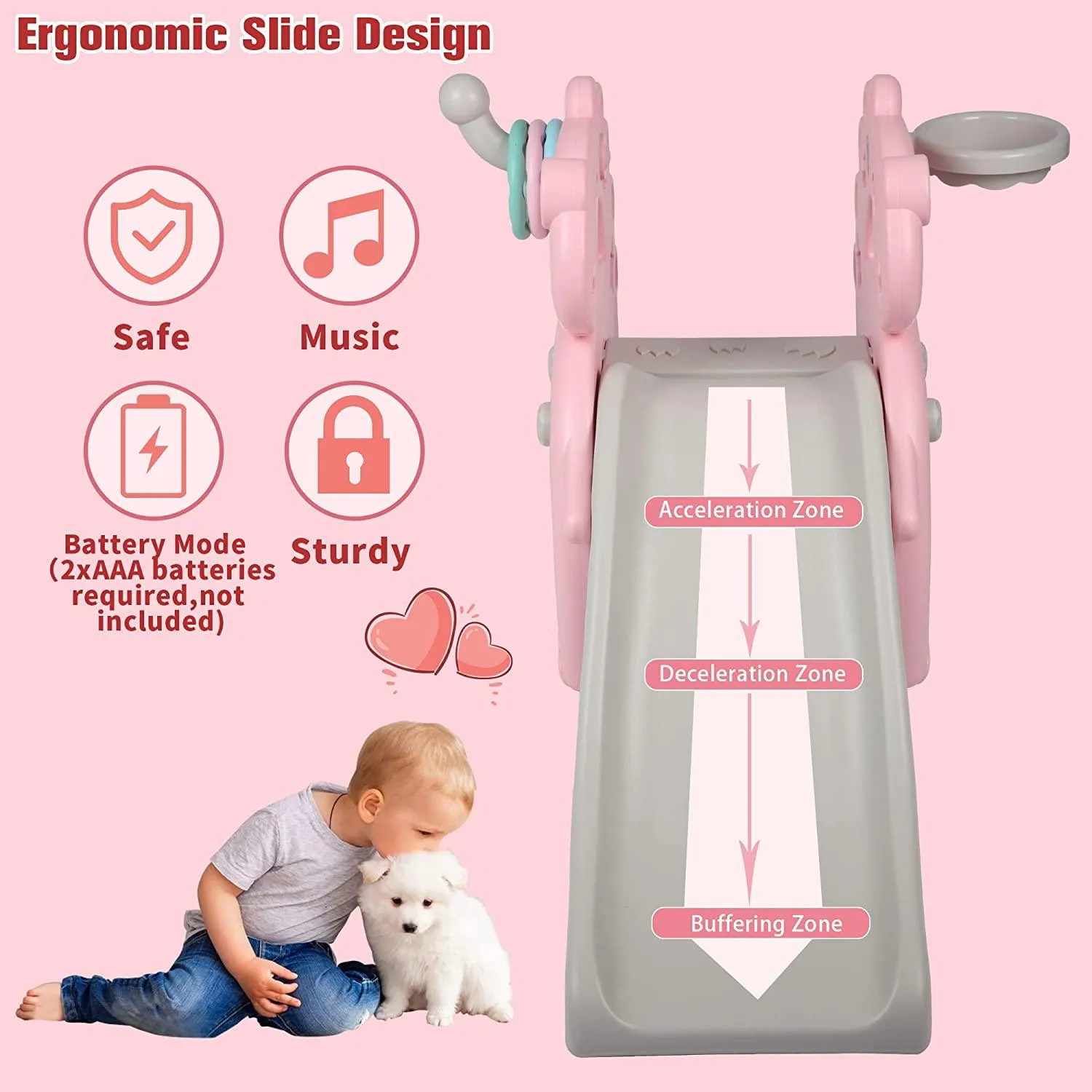 4 in 1 Kids Freestanding Slide for 1-3 Years Old , Indoor Outdoor Playset with Music, Pink