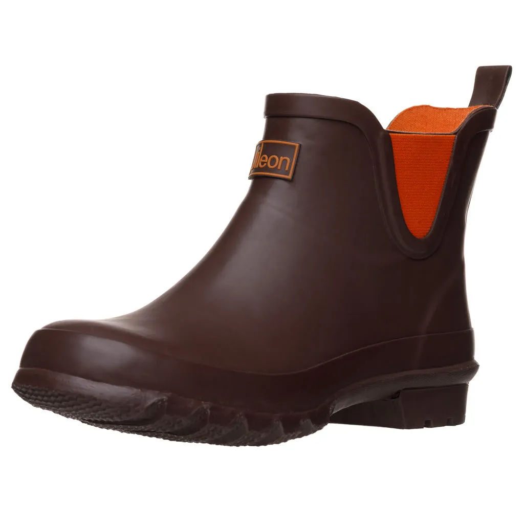 Ankle Height Rain Boots - Chocolate with Orange Trim - Wide Foot - Easy to Slip On