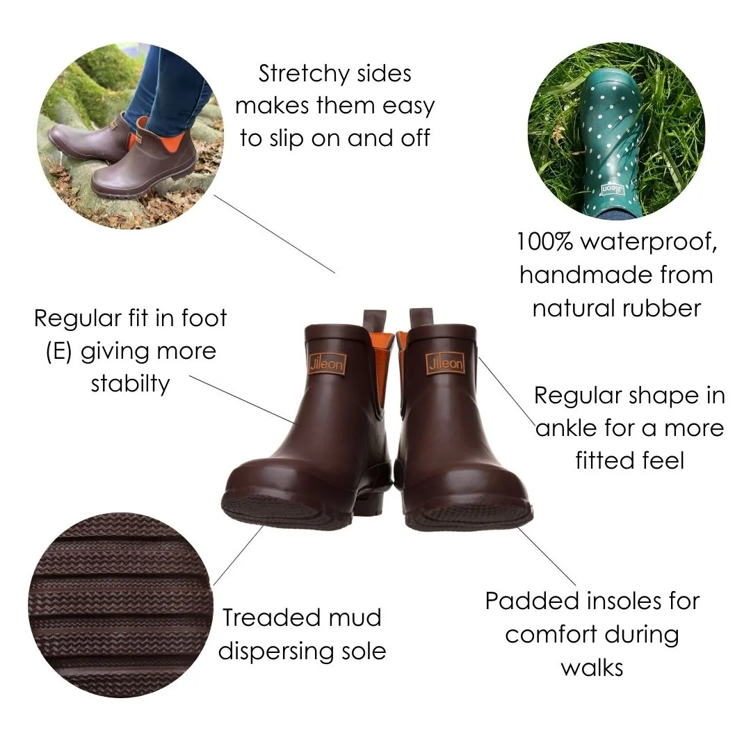 Ankle Height Rain Boots - Chocolate with Orange Trim - Wide Foot - Easy to Slip On