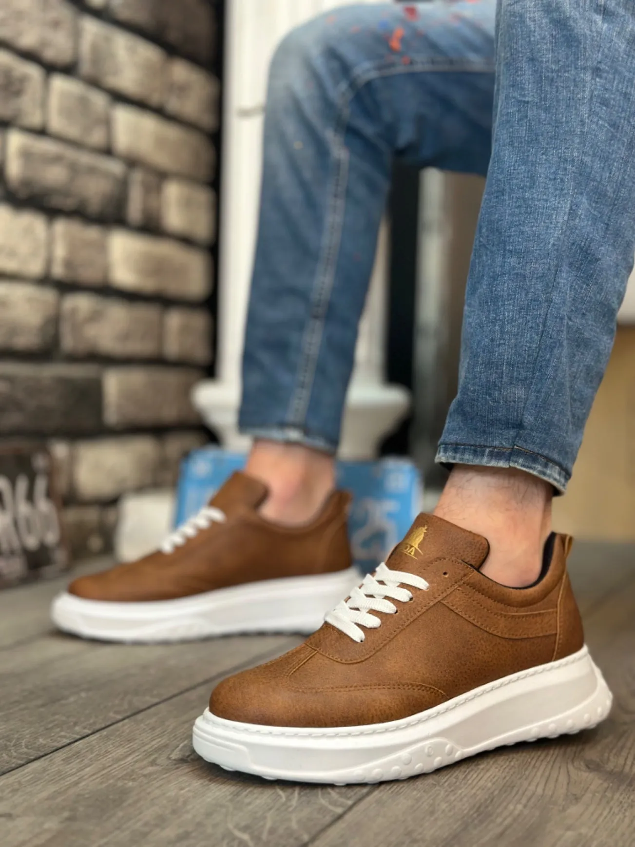 BA0327 Brown White Thick High Sole Lace-Up Sports Men's Shoes