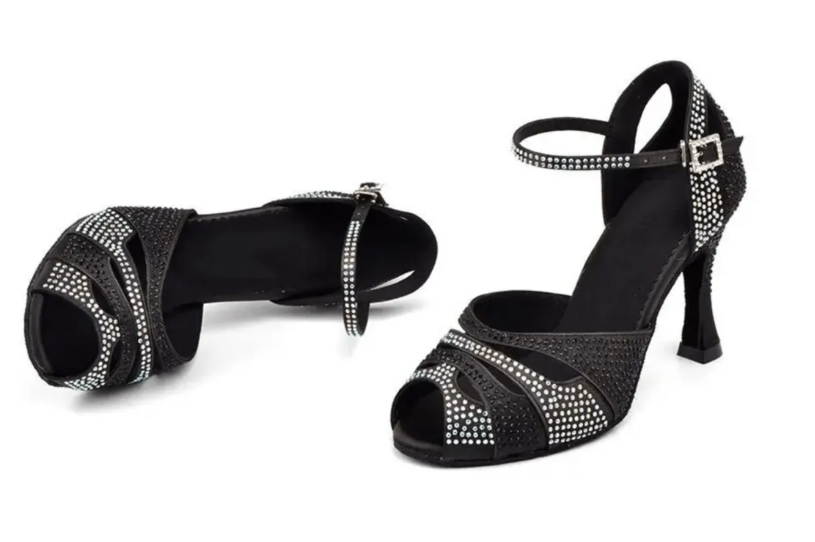 Ballroom Dance Shoes for Women Black Rhinestone Latin Shoes