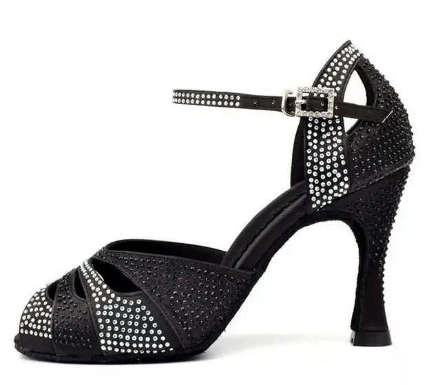 Ballroom Dance Shoes for Women Black Rhinestone Latin Shoes