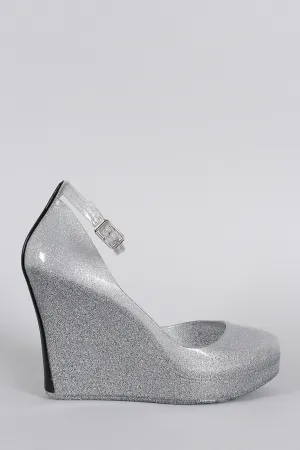 Bamboo Metallic Glitter Jelly Peep Toe Ankle Strap Wedge