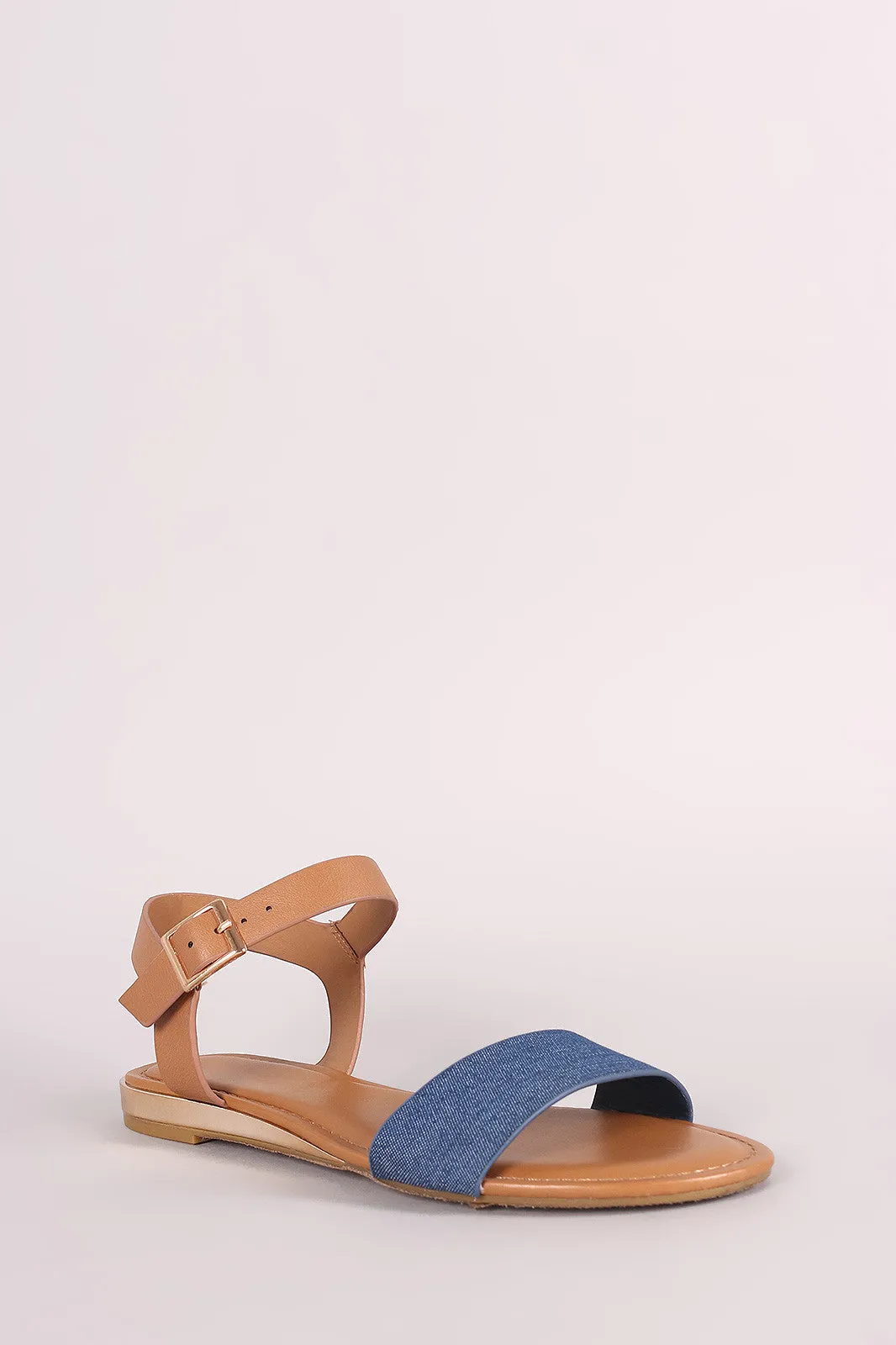 Bamboo Open Toe Ankle Strap Denim Flat Sandal