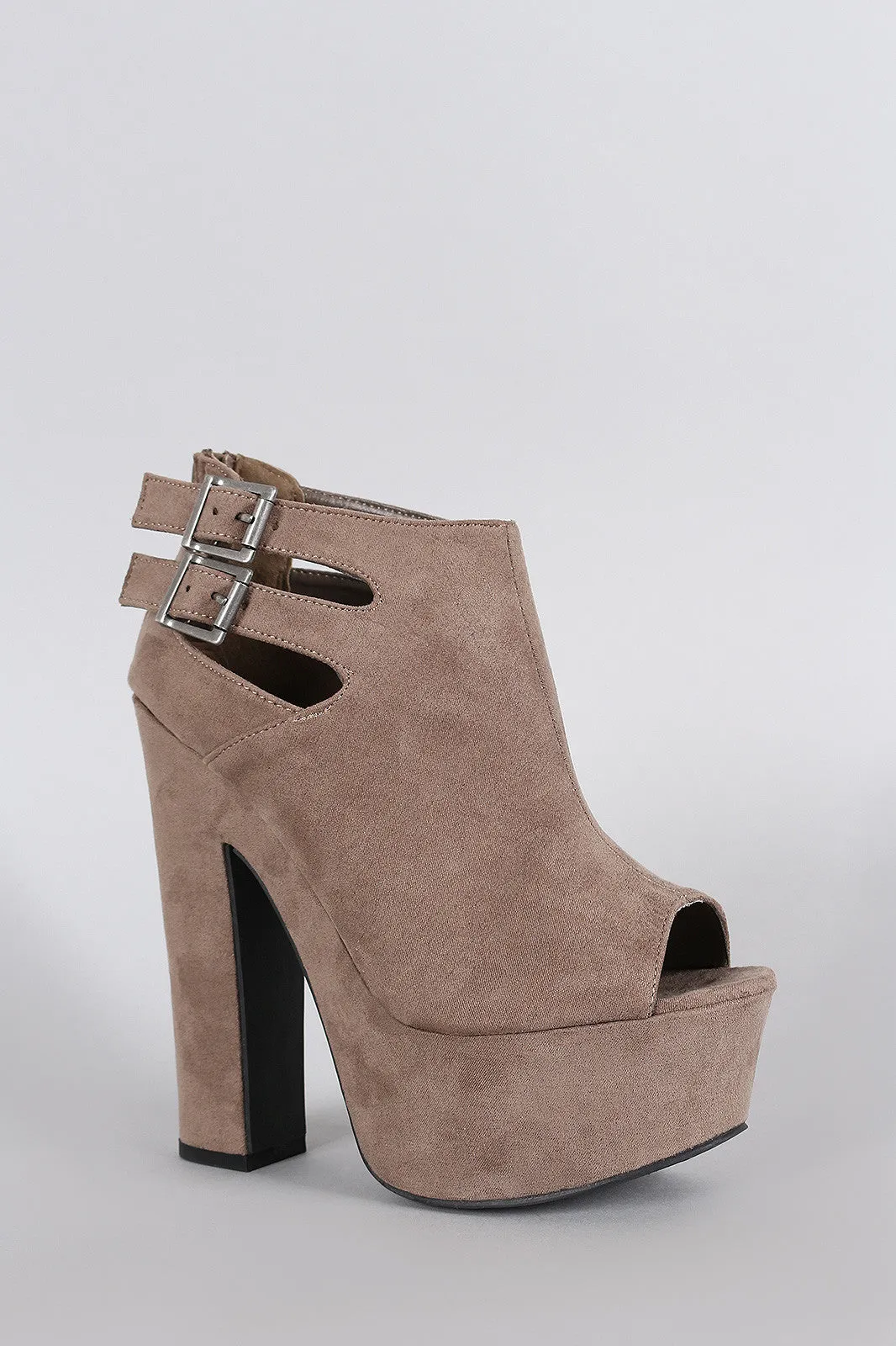 Bamboo Suede Buckle Cutout Peep Toe Chunky Platform Heel