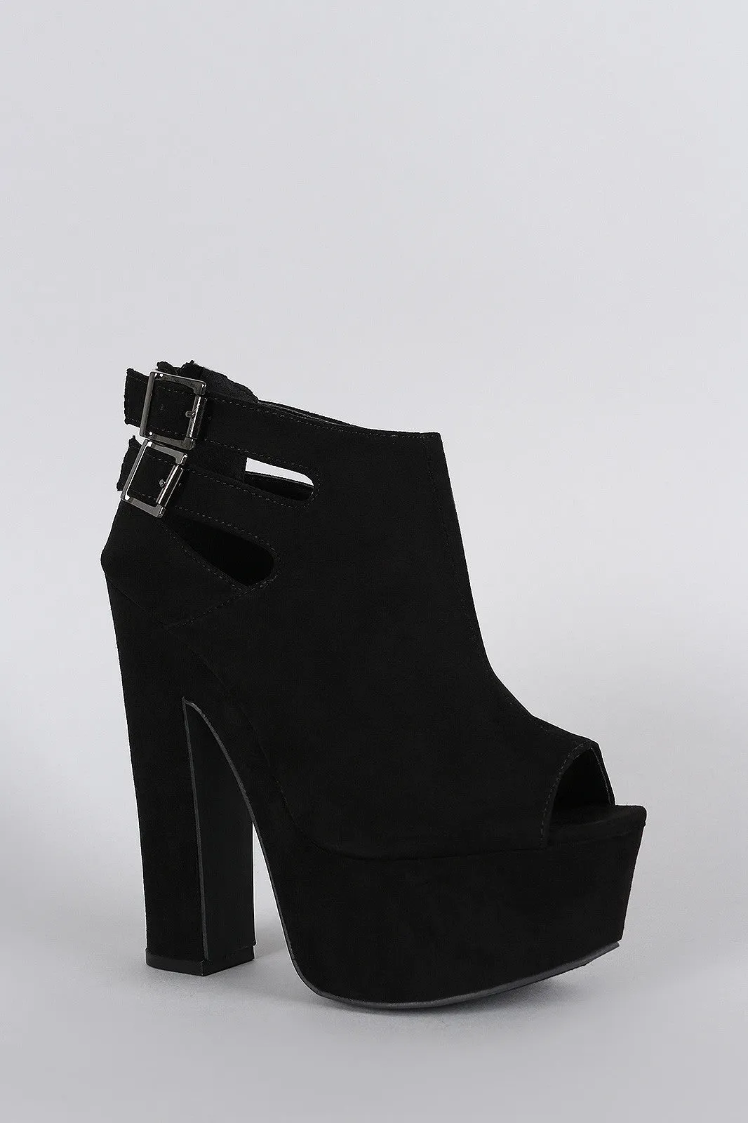 Bamboo Suede Buckle Cutout Peep Toe Chunky Platform Heel