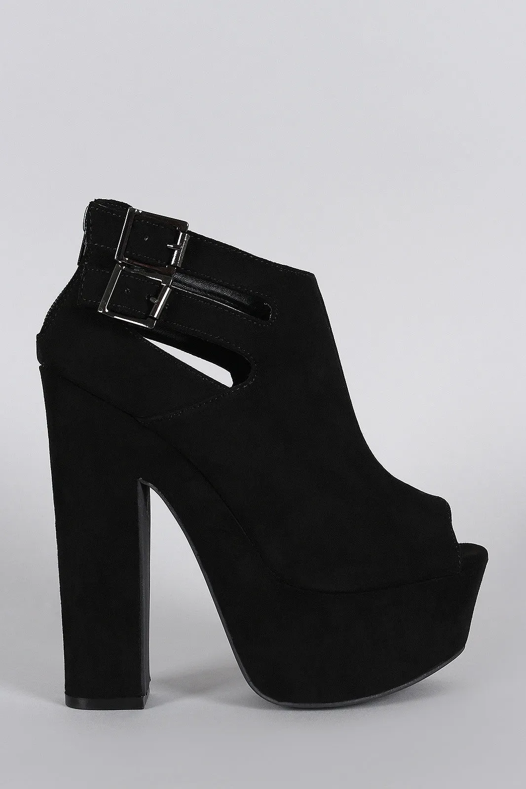 Bamboo Suede Buckle Cutout Peep Toe Chunky Platform Heel