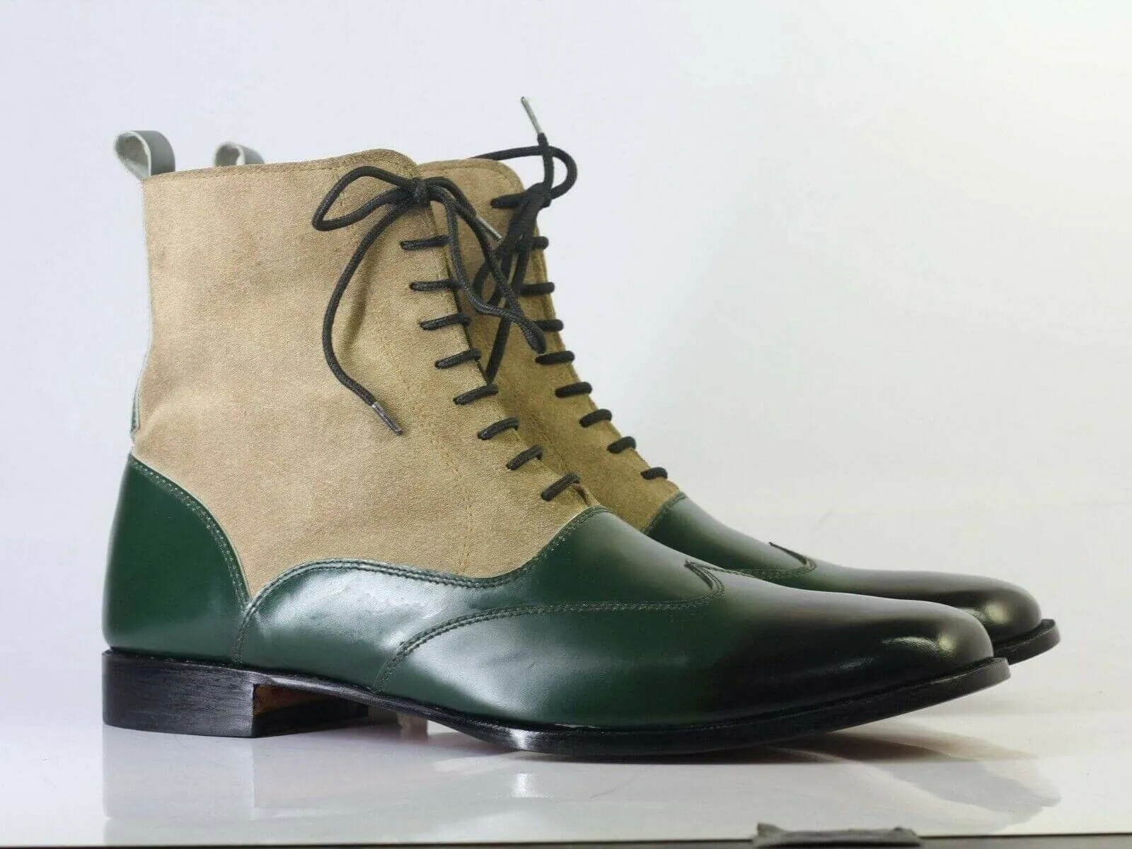 Bespoke Beige Green Wing Tip Lace Up Boots for Men