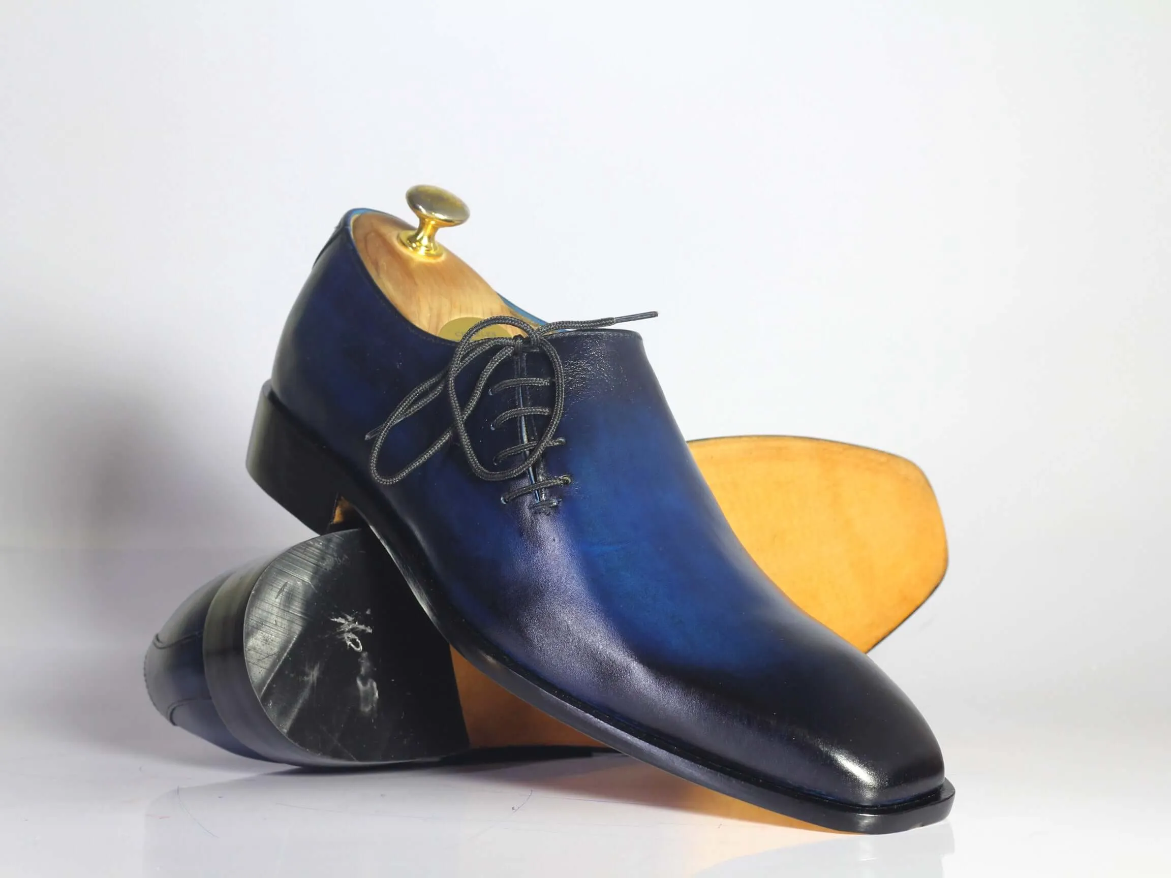 Bespoke Blue & Black Leather Side Lace Up Shoe for Men