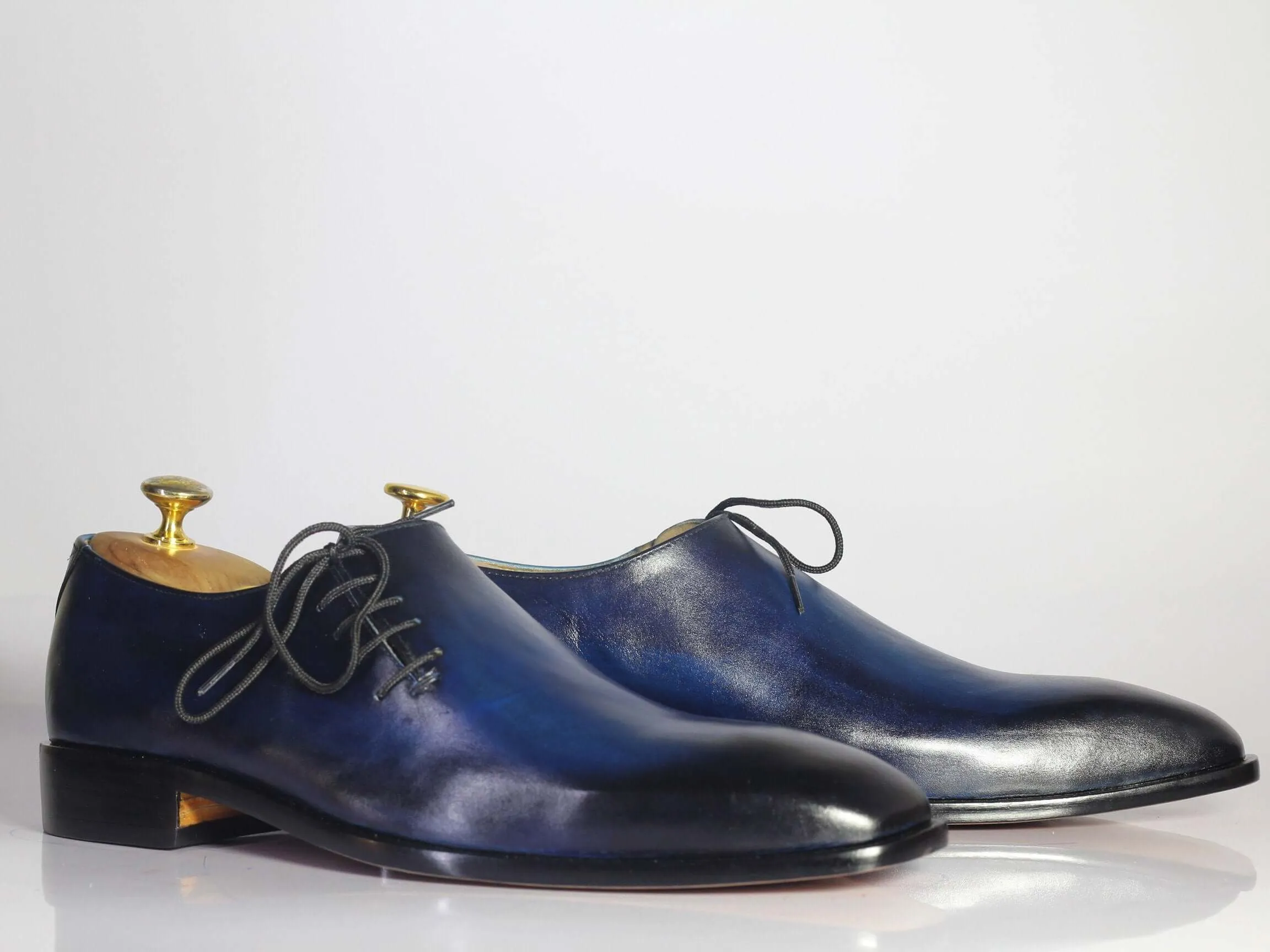 Bespoke Blue & Black Leather Side Lace Up Shoe for Men