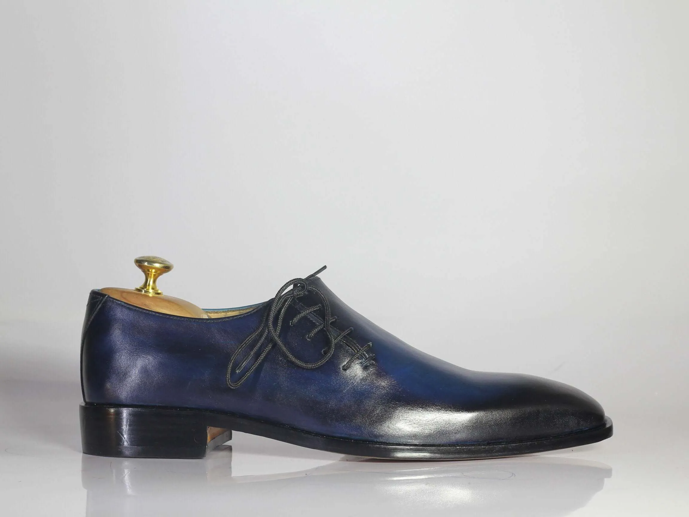 Bespoke Blue & Black Leather Side Lace Up Shoe for Men