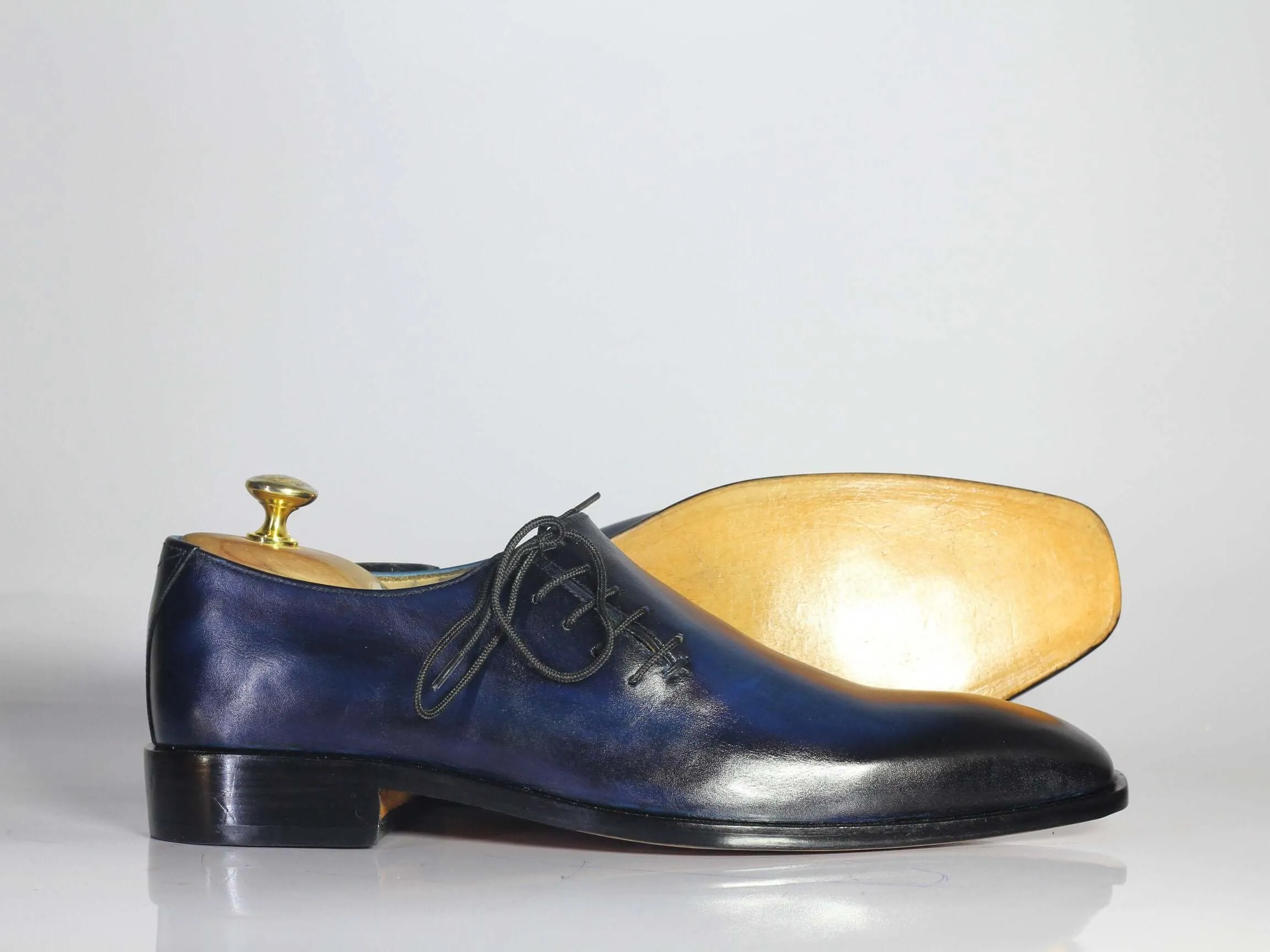 Bespoke Blue & Black Leather Side Lace Up Shoe for Men