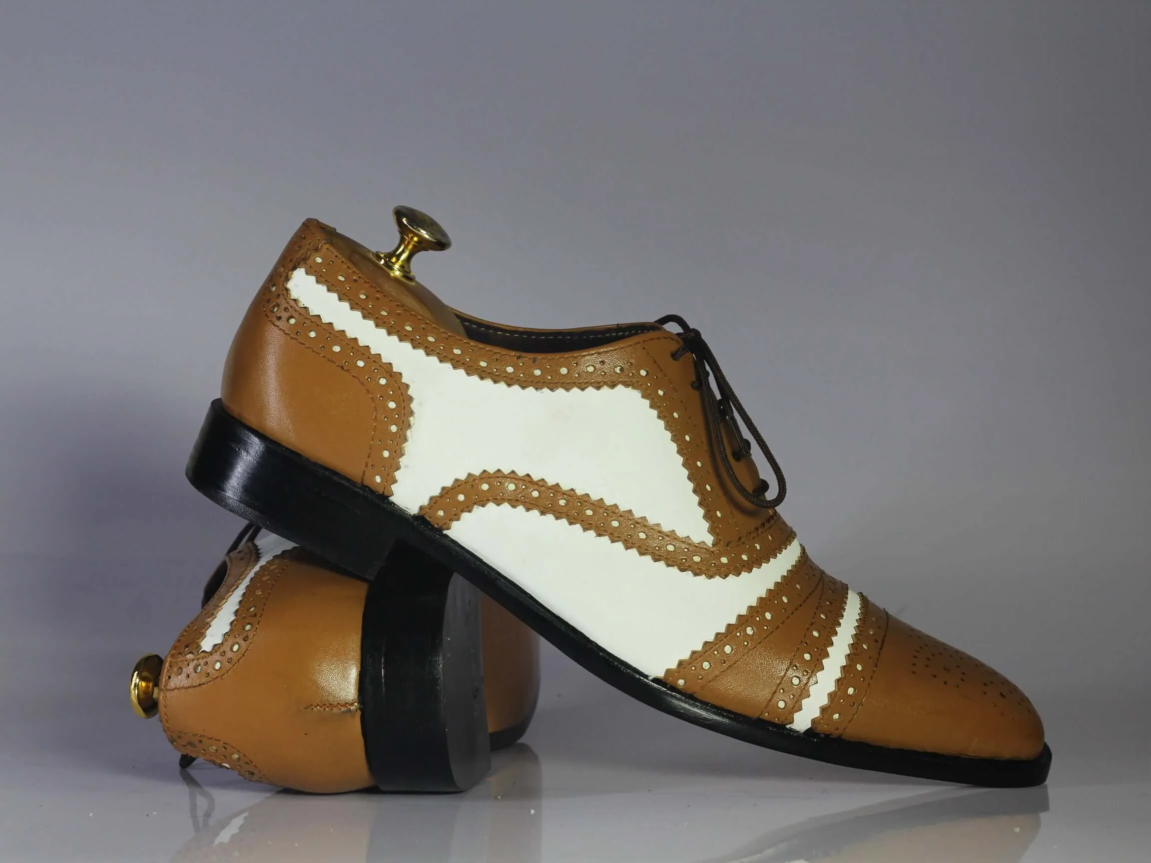 Bespoke Brown & White Leather Cap Toe Lace Up Shoe for Men