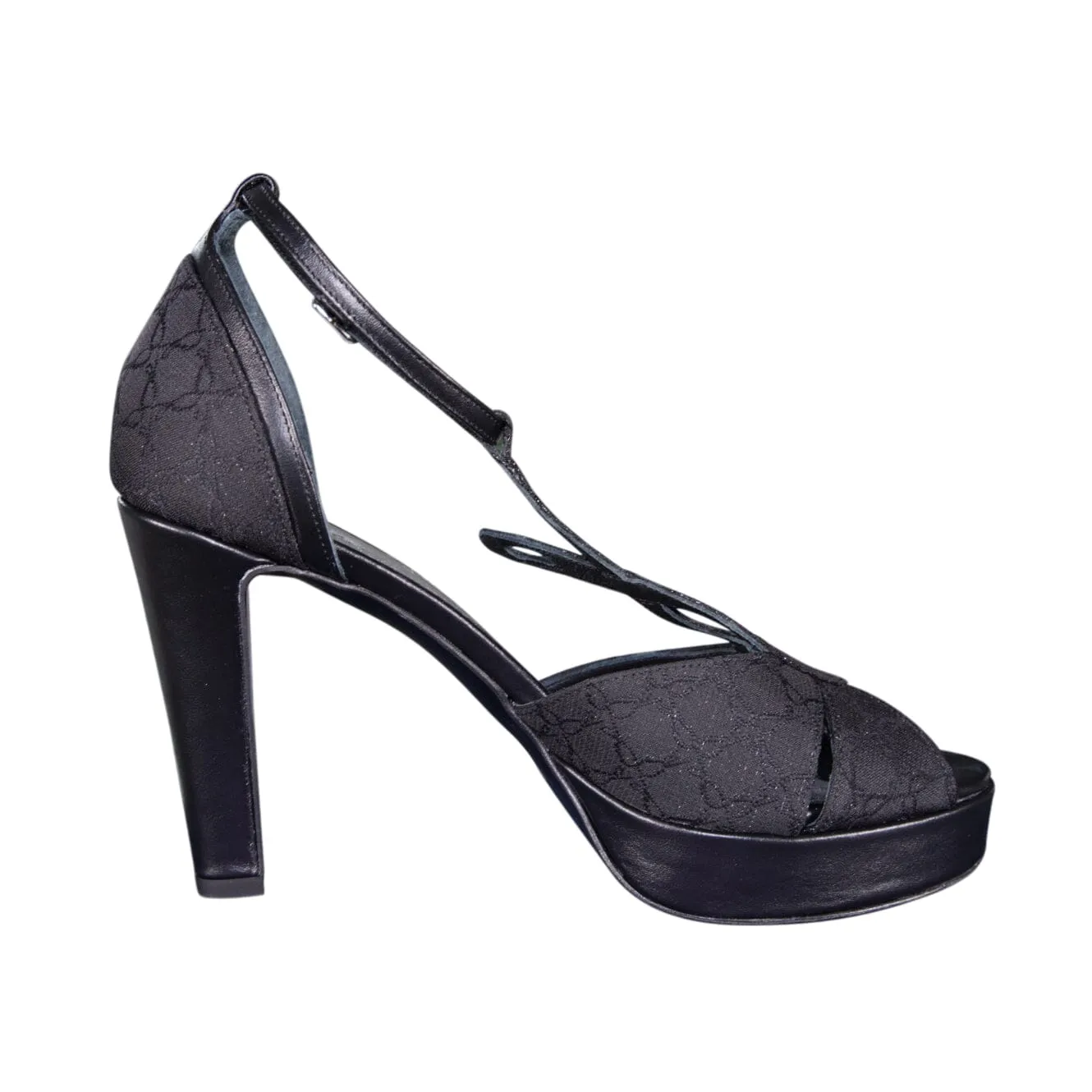 Black Logo Diamante Platform Strap Heel