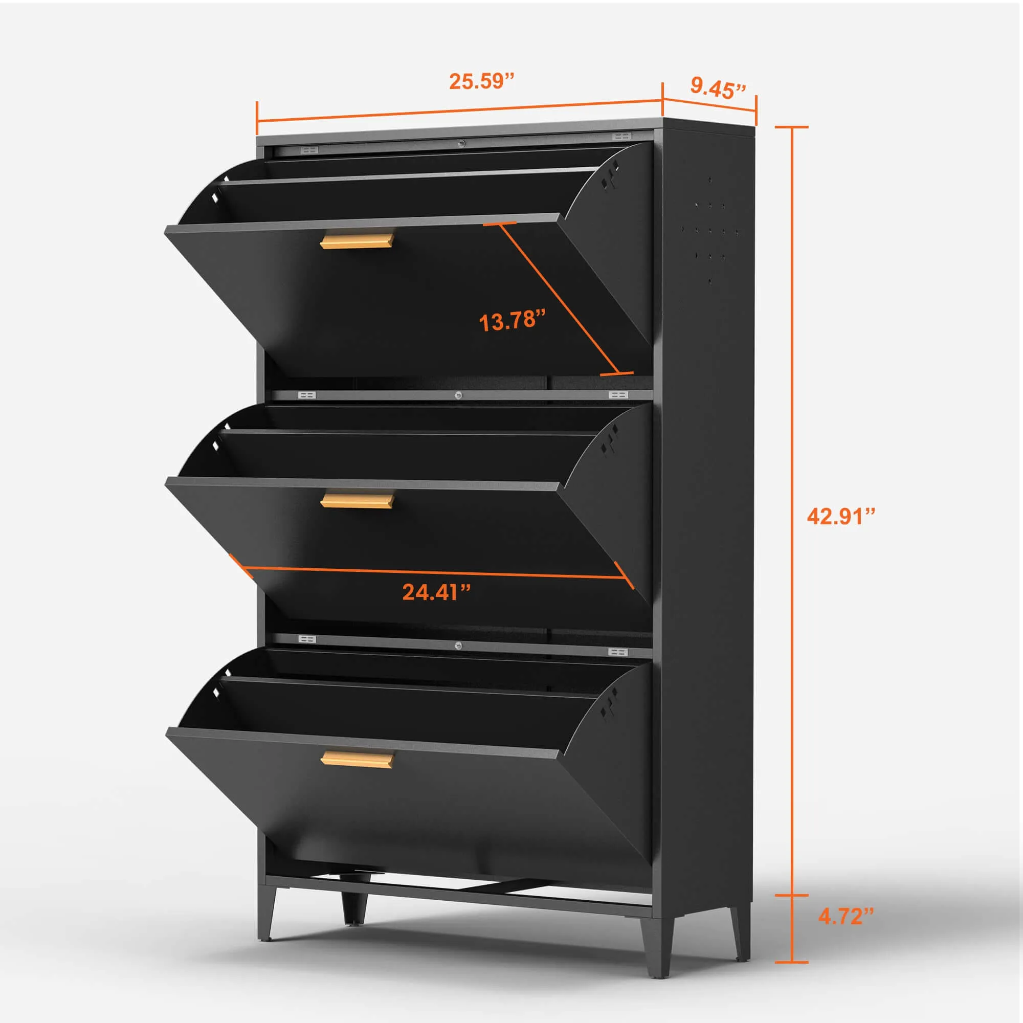 Black Steel 3-Drawer Shoe Cabinet Organizer