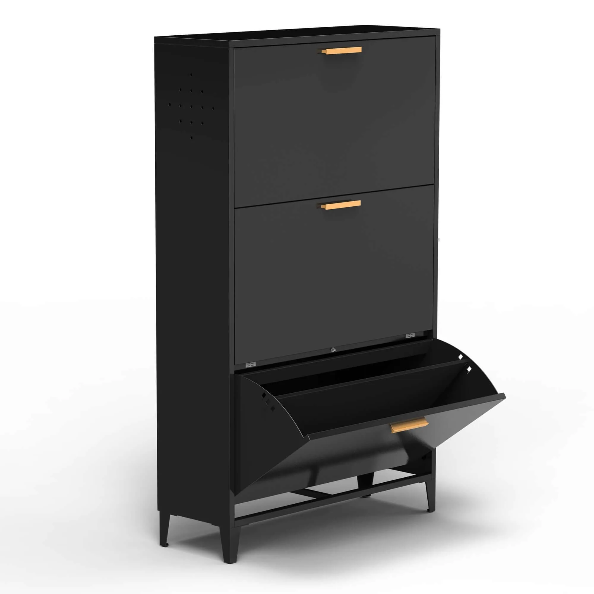 Black Steel 3-Drawer Shoe Cabinet Organizer