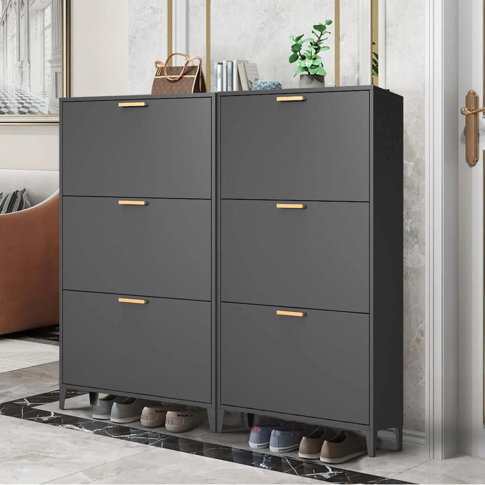 Black Steel 3-Drawer Shoe Cabinet Organizer