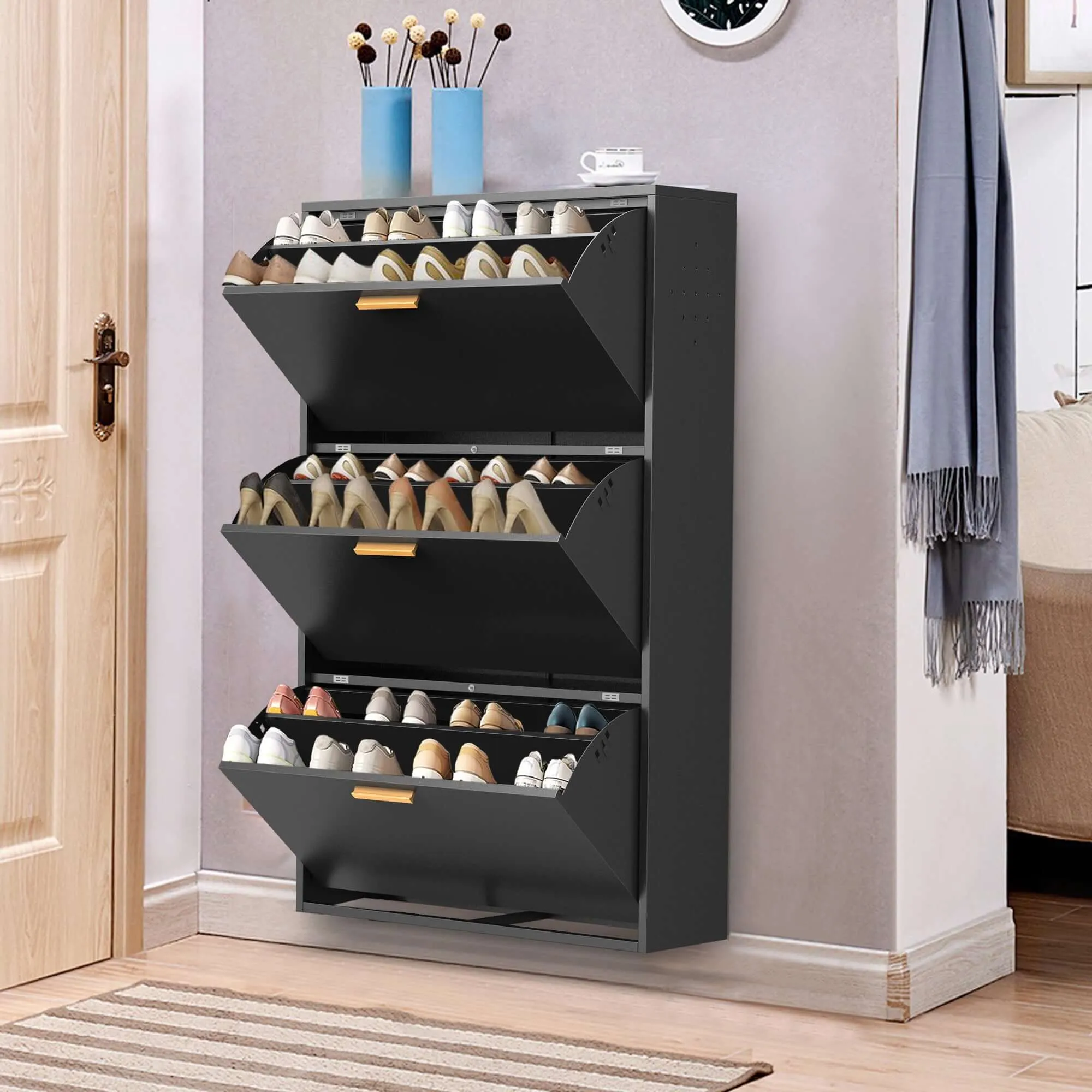 Black Steel 3-Drawer Shoe Cabinet Organizer