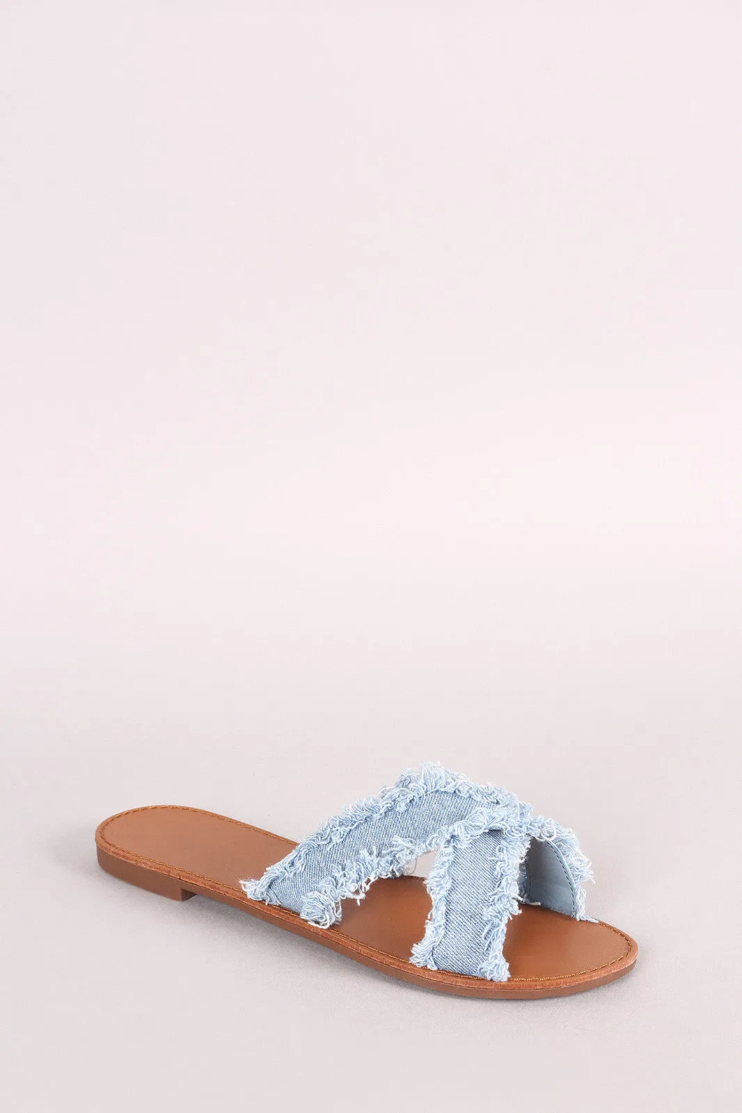 Breckelle Crisscross Frayed Denim Slide Flat Sandal