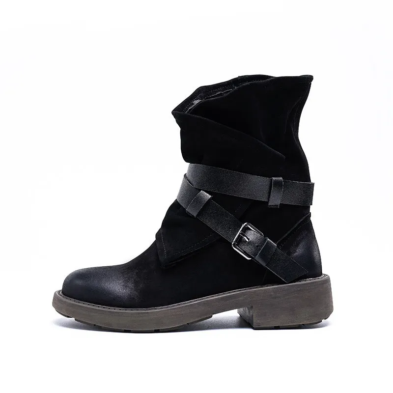 Classic Retro Round Toe Mid-Heel Martin Boots Vintage Buckle New Shoes