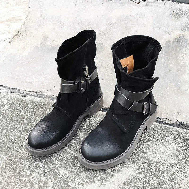 Classic Retro Round Toe Mid-Heel Martin Boots Vintage Buckle New Shoes