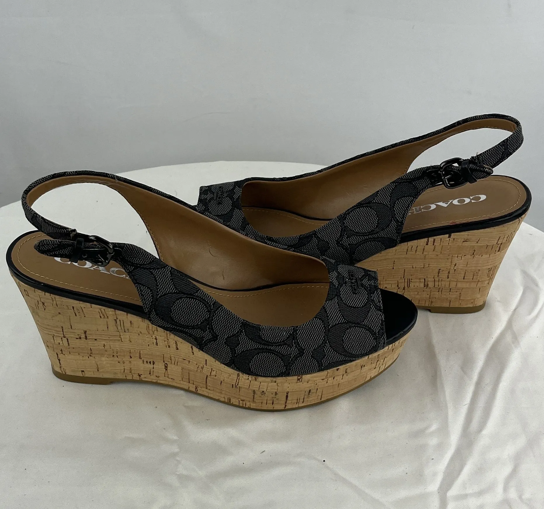 COACH 10 Grey Signature Open Toe Slingback Cork Platform Wedge Sandals 8.5B