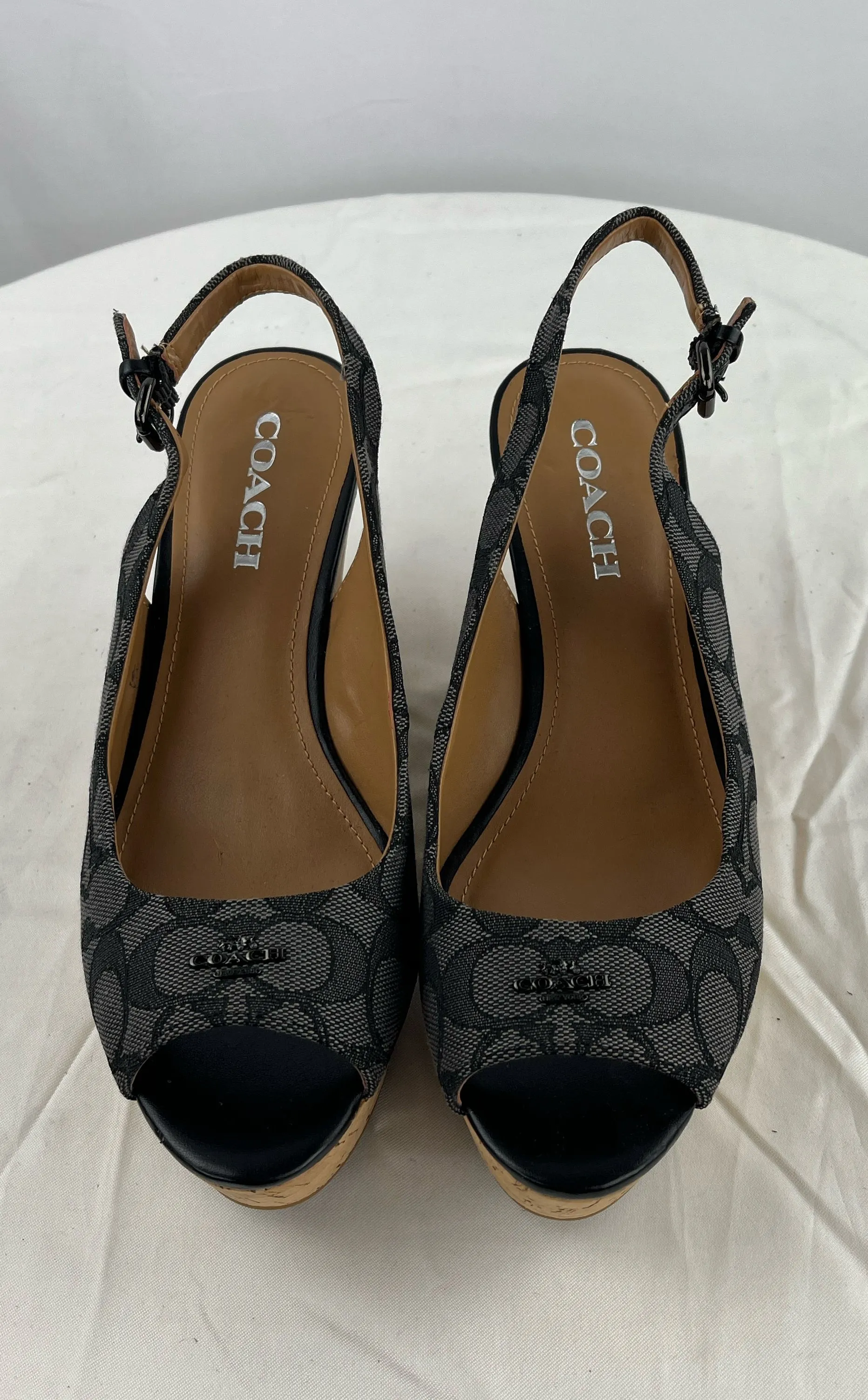 COACH 10 Grey Signature Open Toe Slingback Cork Platform Wedge Sandals 8.5B