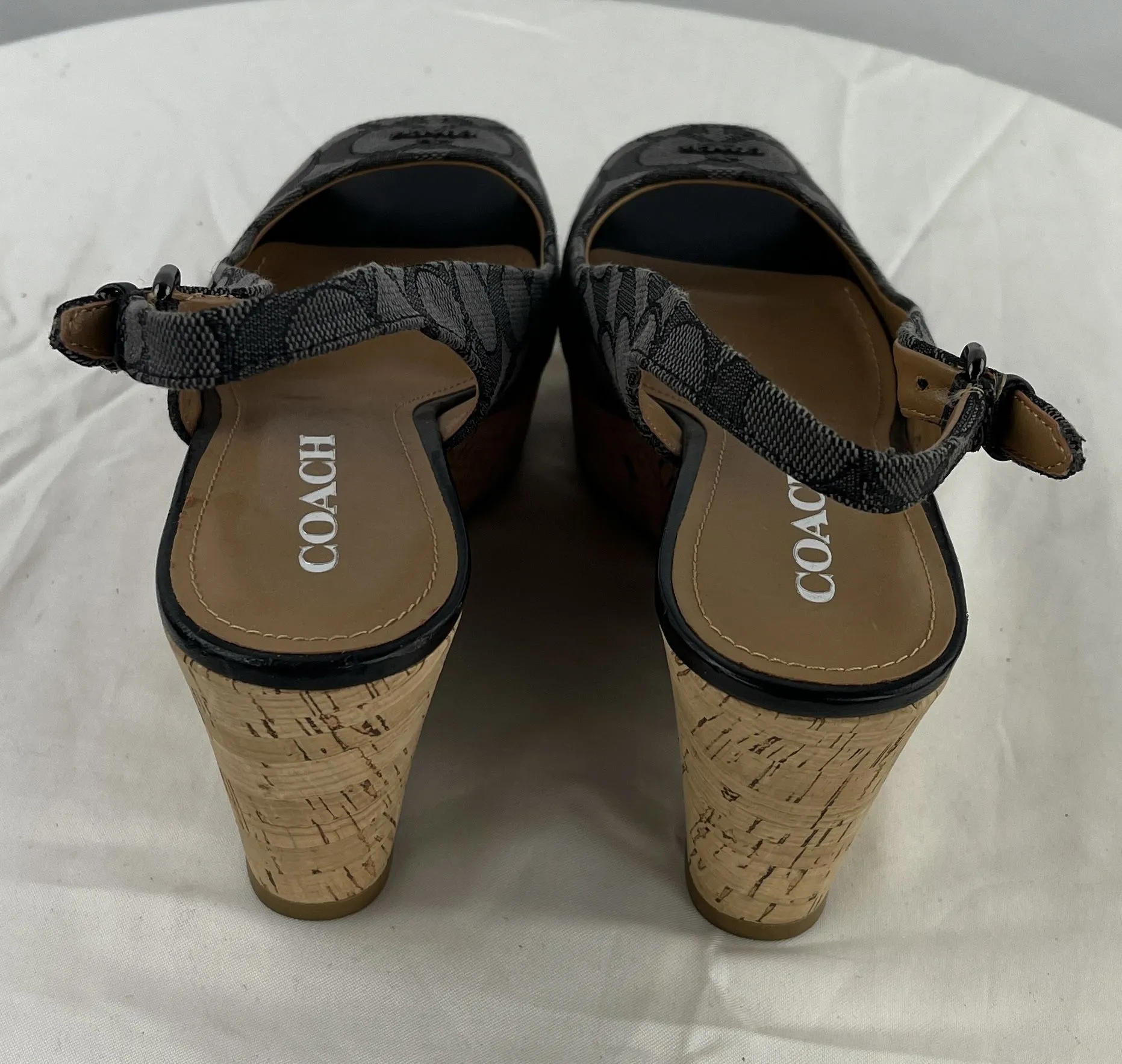 COACH 10 Grey Signature Open Toe Slingback Cork Platform Wedge Sandals 8.5B