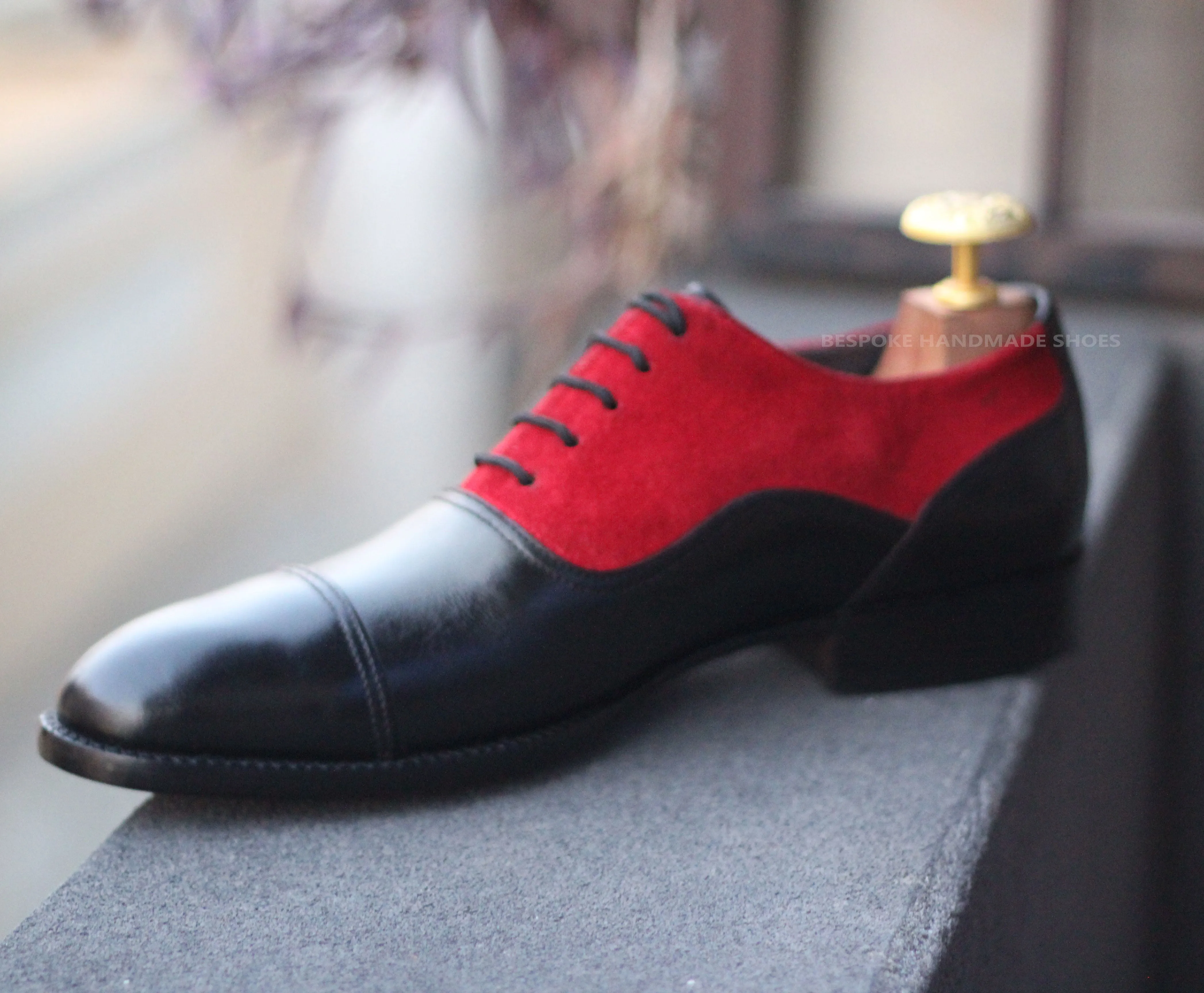 Custom made Black Leather Red Suede Cap toe Oxford Shoes, Lace Up Dress Men Shoes