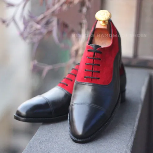 Custom made Black Leather Red Suede Cap toe Oxford Shoes, Lace Up Dress Men Shoes