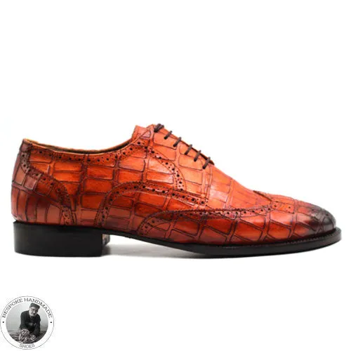 Custom Made Orange Tan Hand Painted Animal Print Leather Black Toe Shaded Oxford  Wingtip Lace Up Men Shoes