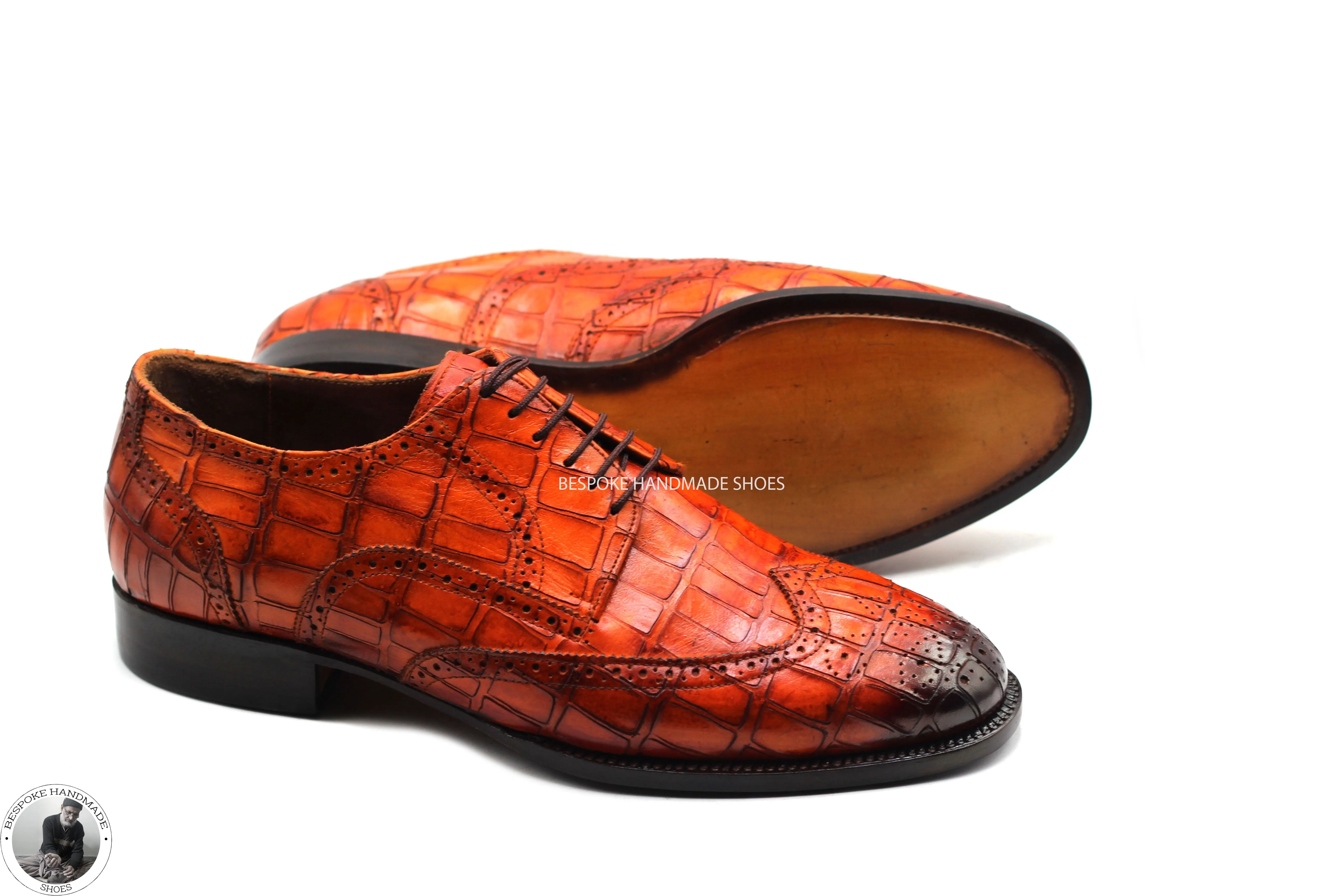 Custom Made Orange Tan Hand Painted Animal Print Leather Black Toe Shaded Oxford  Wingtip Lace Up Men Shoes