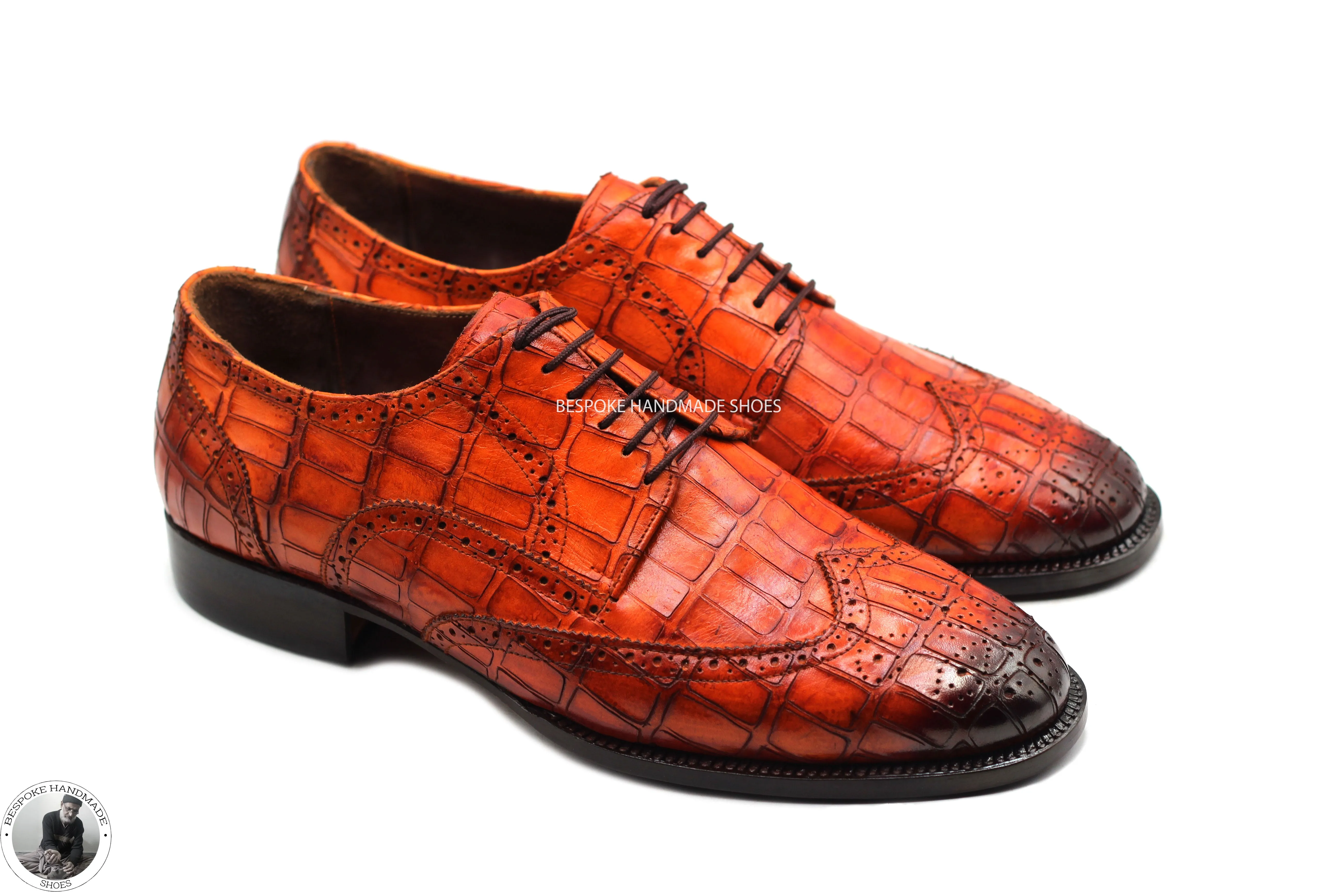 Custom Made Orange Tan Hand Painted Animal Print Leather Black Toe Shaded Oxford  Wingtip Lace Up Men Shoes