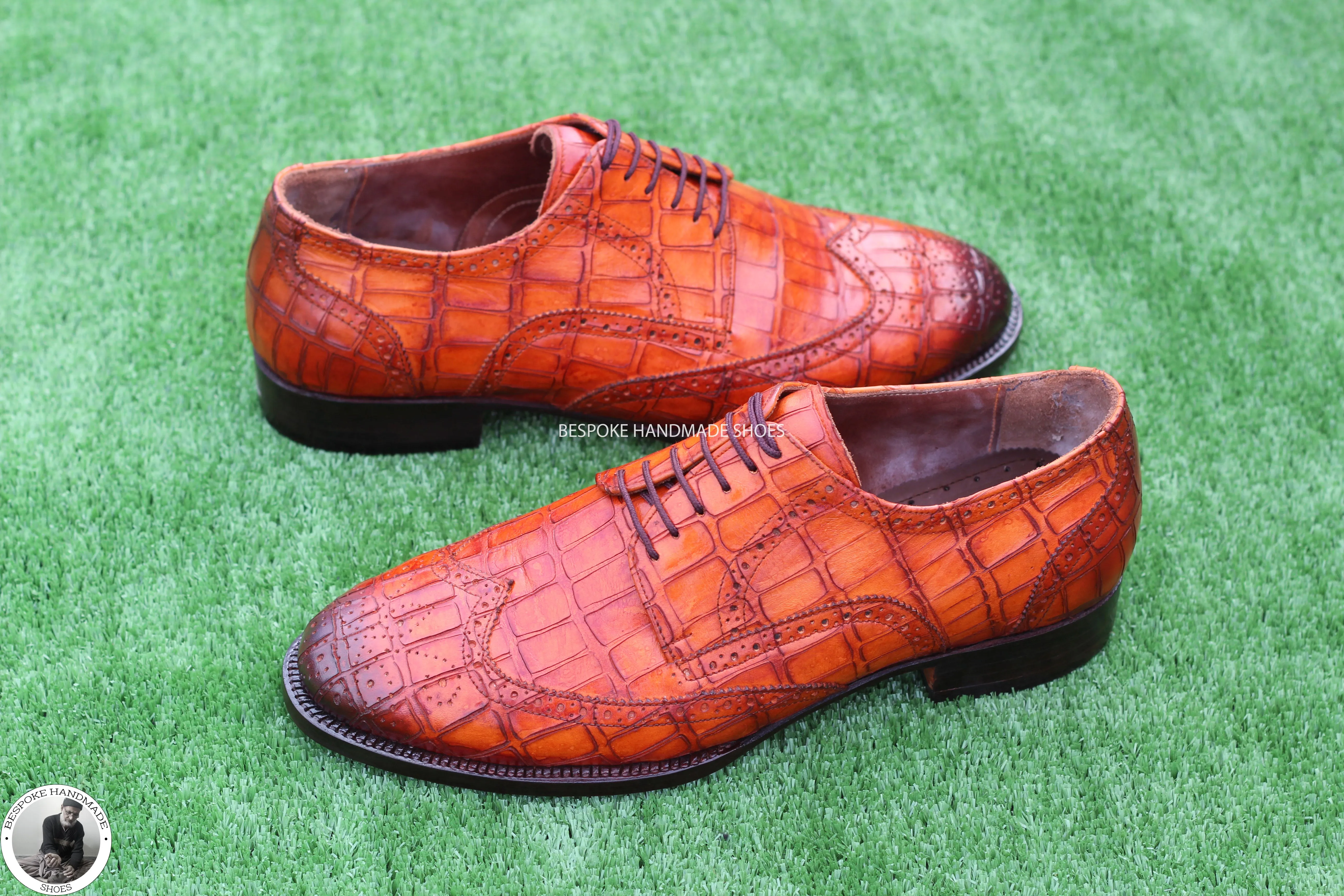 Custom Made Orange Tan Hand Painted Animal Print Leather Black Toe Shaded Oxford  Wingtip Lace Up Men Shoes