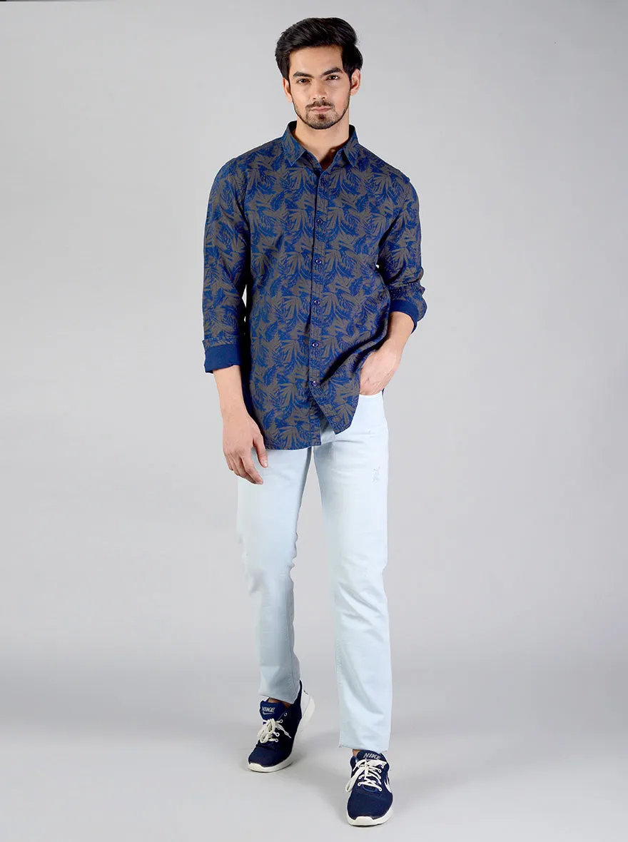 Dark Blue Printed Slim Fit Casual Shirt | JadeBlue