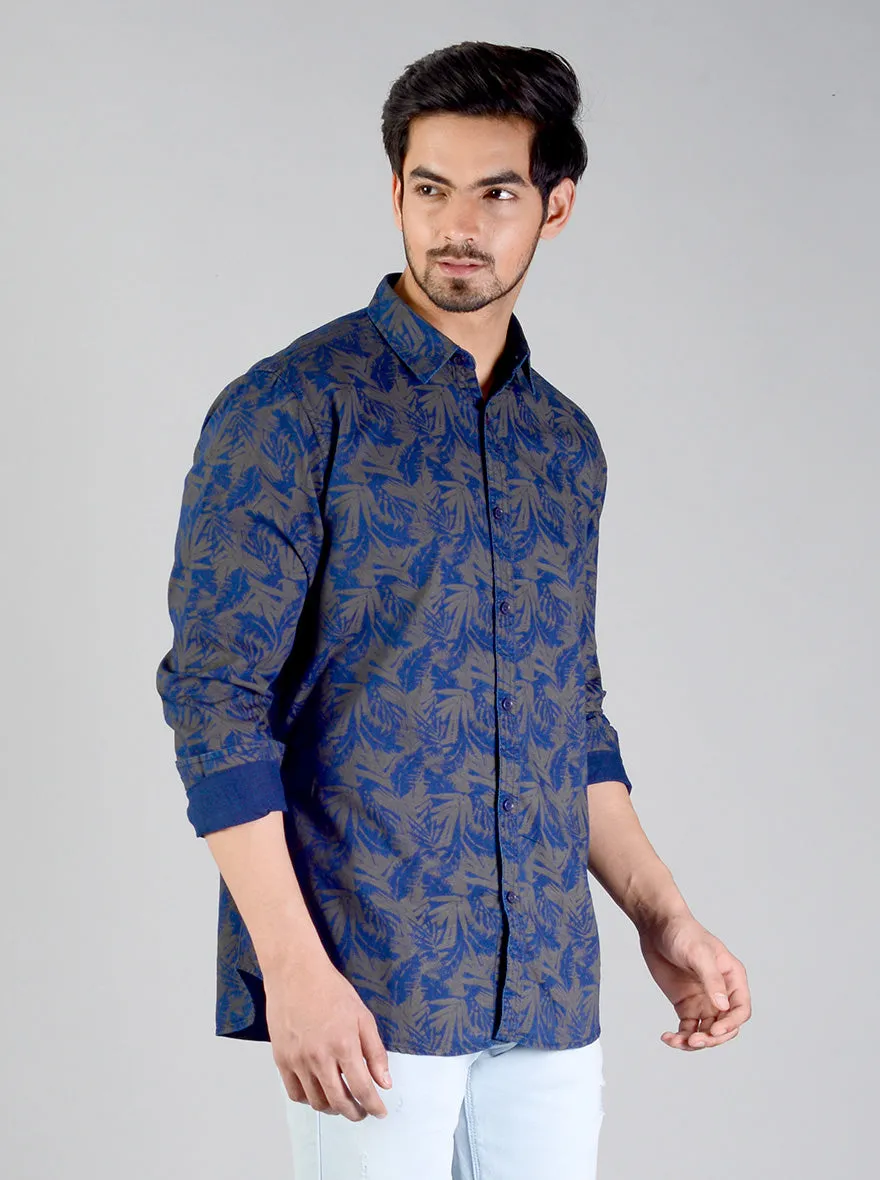 Dark Blue Printed Slim Fit Casual Shirt | JadeBlue