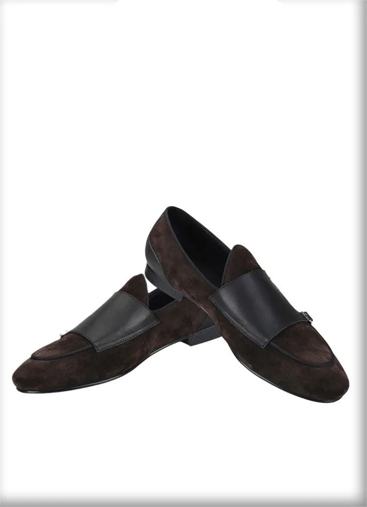 Dark Brown Suede Monk Strap Loafers - Men Shoes