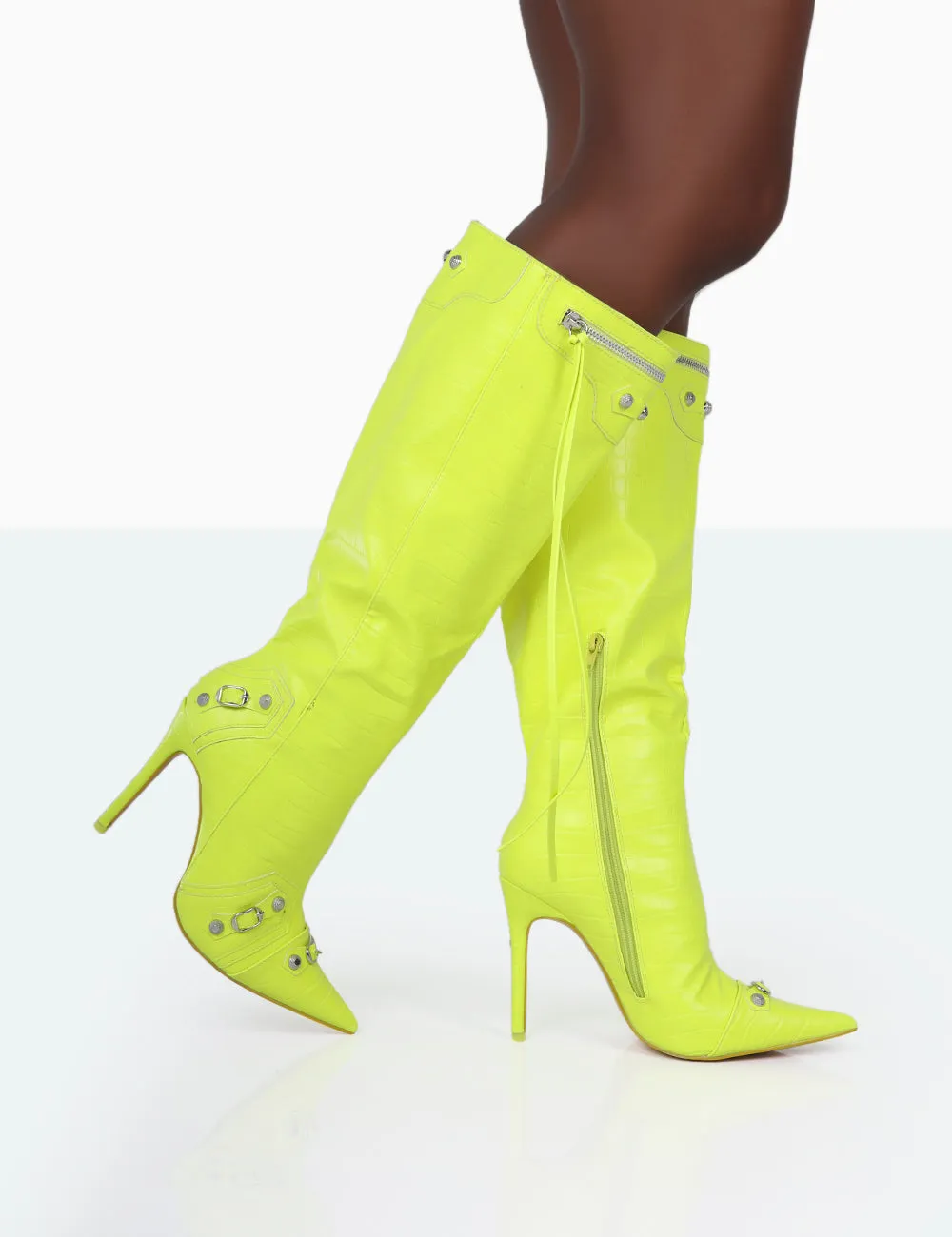 Davina Neon Yellow Croc Pointed Toe Zip Detail Knee High Boots