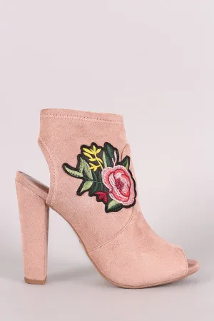 Delicious Suede Floral Patch Peep Toe Chunky Heeled Booties