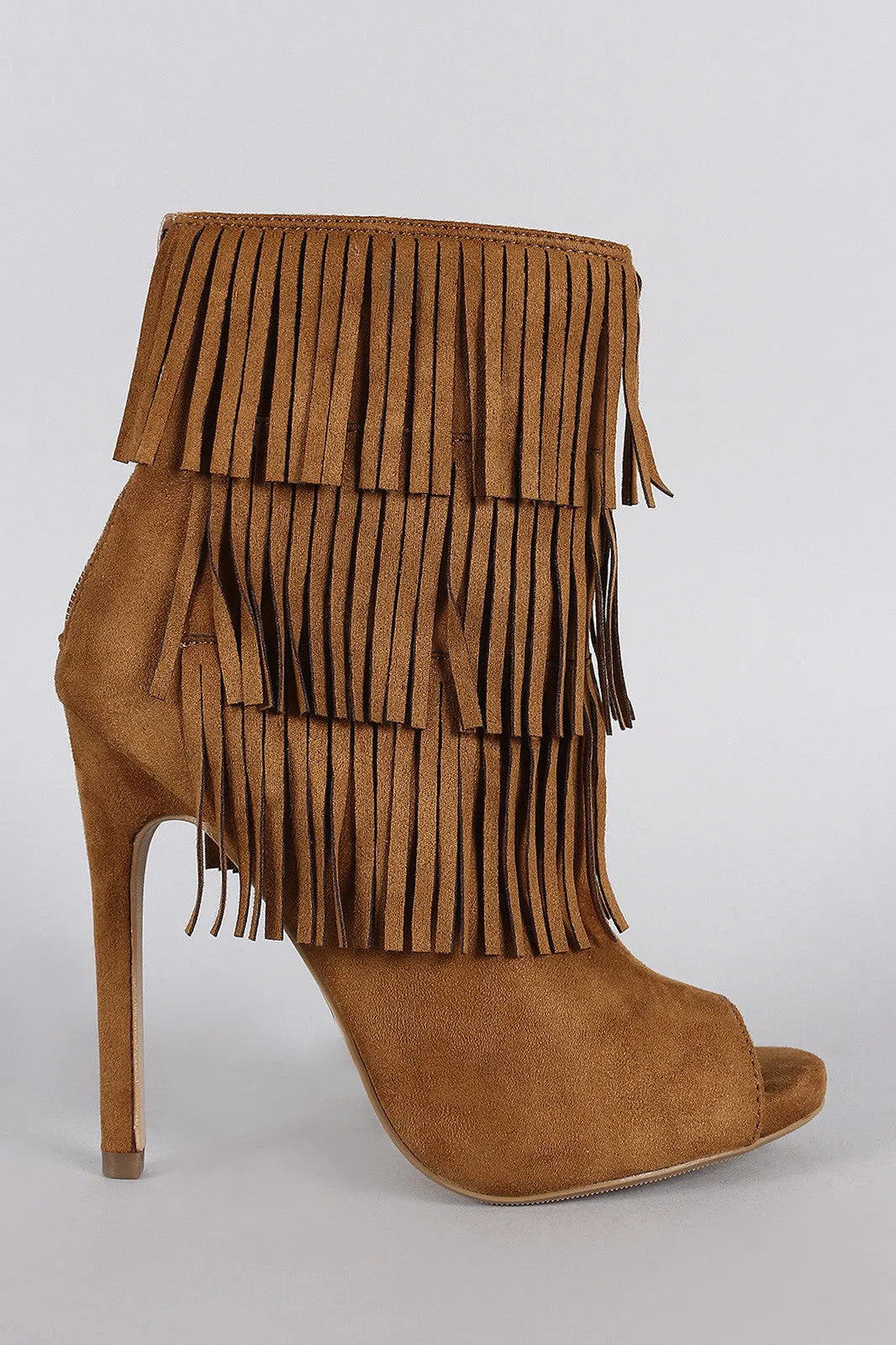 Delicious Suede Triple Layered Fringe Peep Toe Stiletto Booties