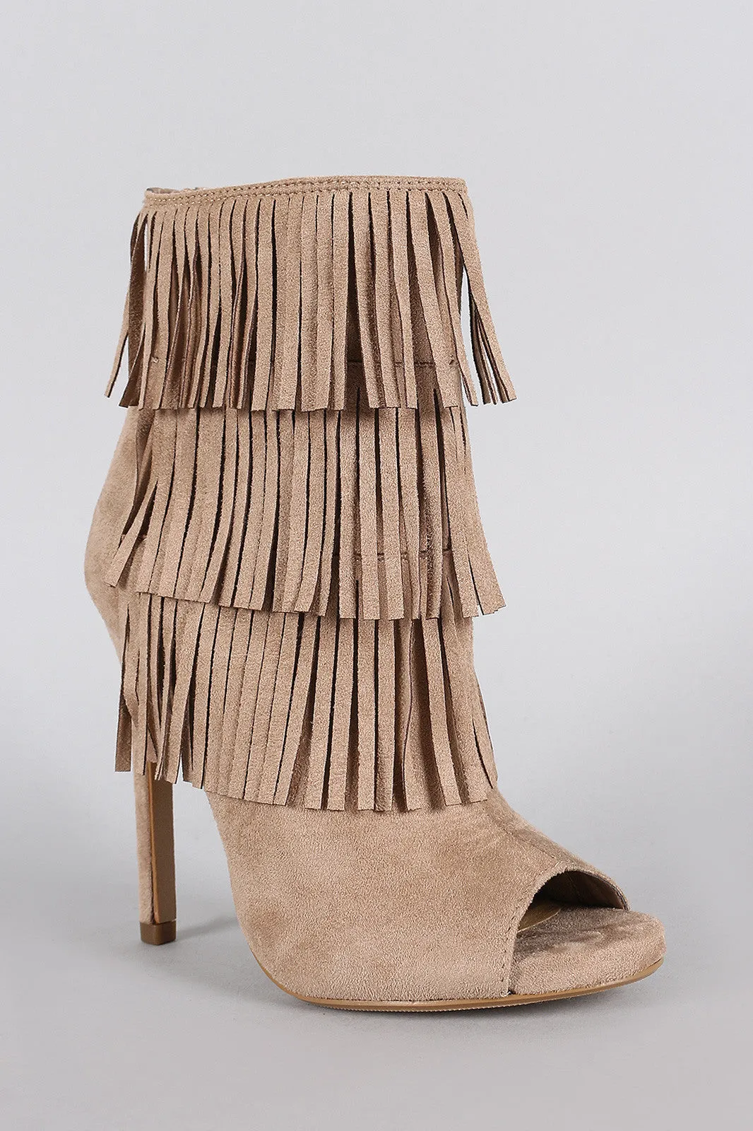 Delicious Suede Triple Layered Fringe Peep Toe Stiletto Booties