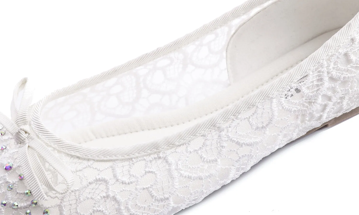 Feversole Round Toe Lace Ballet Crochet Flats White Sparkle Women's Comfy Breathable Shoes