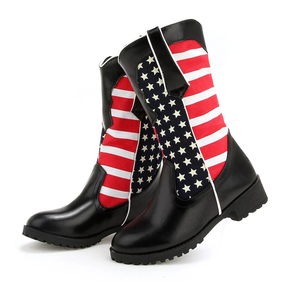 Flag Print mid-calf Boots Pu Leather Cowboy Boots