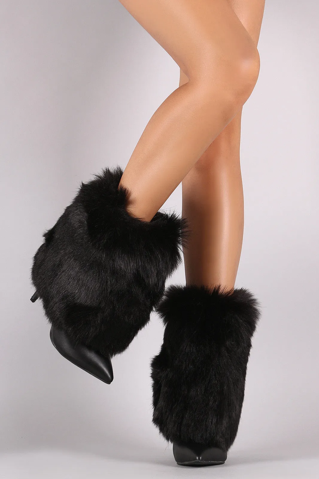 Fold Down Faux Fur Shaft Pointy Toe Stiletto Boots