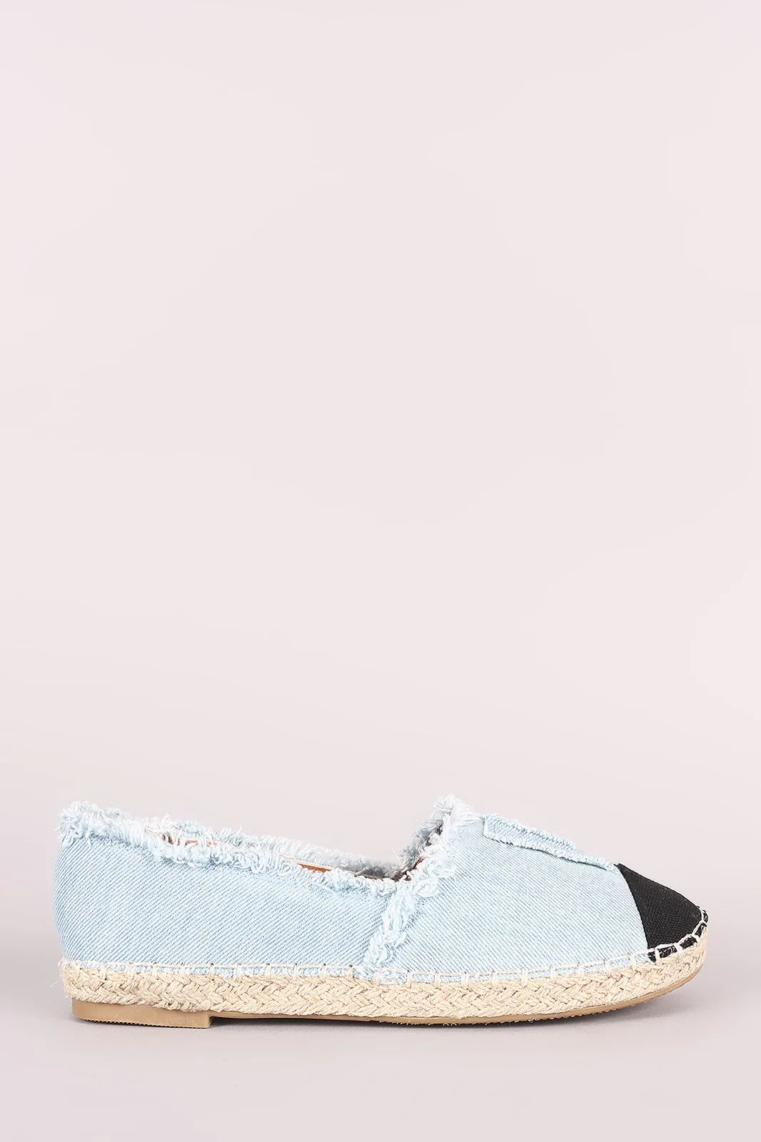 Frayed Denim Contrast Toe Cap Espadrille Slip On Loafer Flat