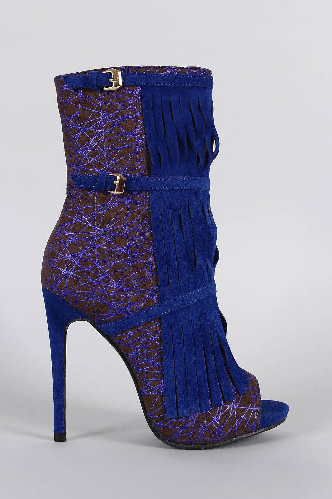 Geometric Print Buckle Fringe Peep Toe Stiletto Mid Calf Boots