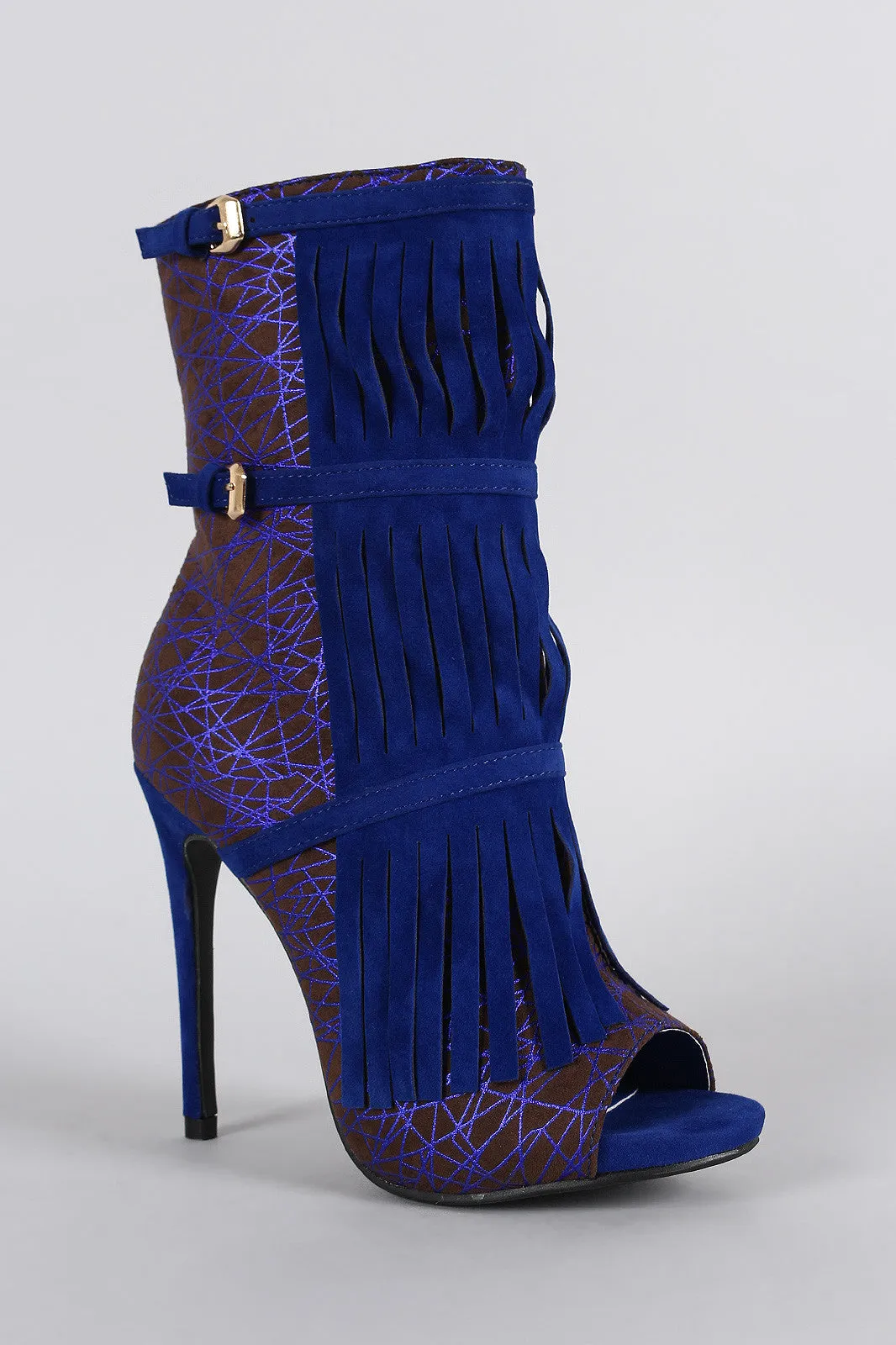 Geometric Print Buckle Fringe Peep Toe Stiletto Mid Calf Boots