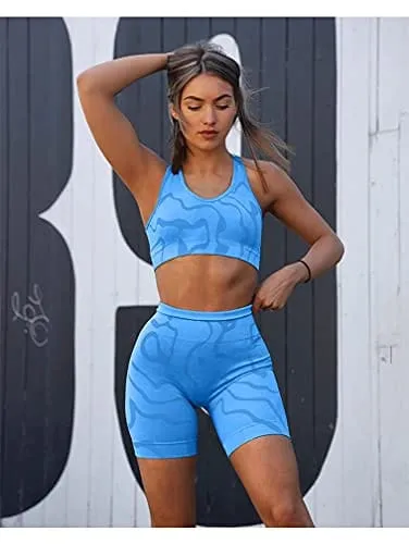 GXIN Women's Workout 2 Piece Outfits High Waist Running Shorts Seamless Gym Yoga Sports Bra Blue