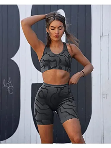 GXIN Women's Workout 2 Piece Outfits High Waist Running Shorts Seamless Gym Yoga Sports Bra Grey